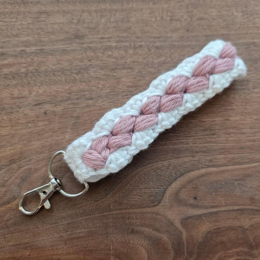 Handmade Crochet Wristlet Key Fob Pink White Braided Puff Lanyard Cotton Silver